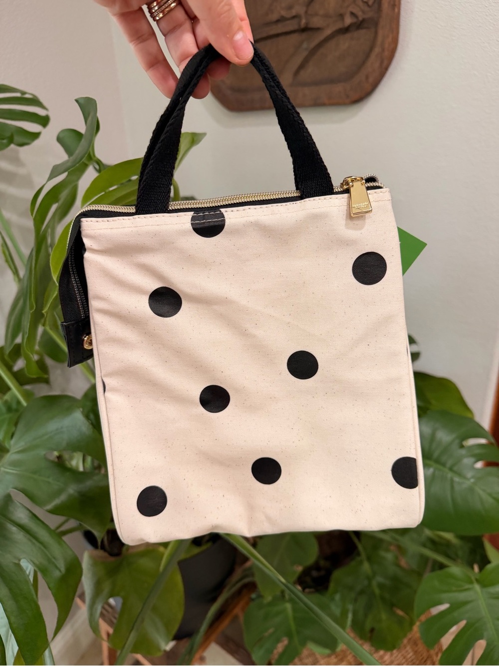 Kate Spade Lunch Tote Polka Dot Canvas Bag NWT Black Cream - Picture 3 of 4